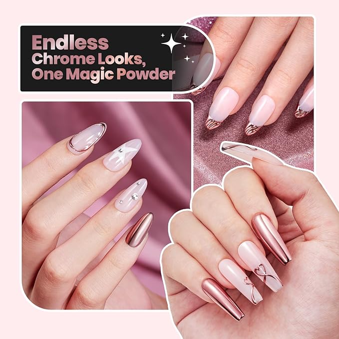 Beetles Pink Chrome Nail Powder Metallic Mirror Effect Chrome Powder for Nails Gel Polish Pink DIY Decoration Nail Manicure Nails Art Design Gift for Women