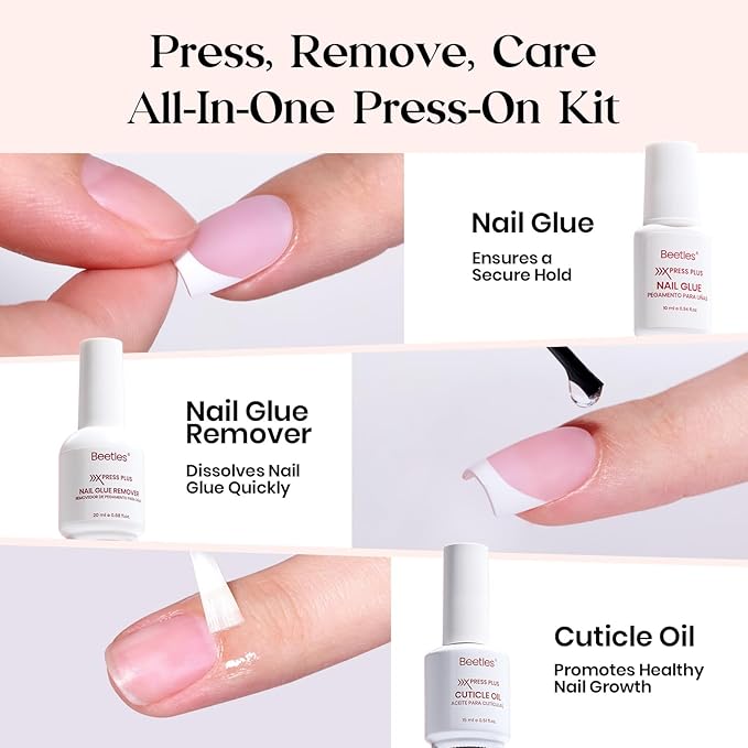 Beetles X Press Plus Gel Nails Kit - Peachy French | Pink Medium Almond French Tip Press On Nails | 210Pcs 15 Sizes All-in-One Kit With Nail Glue,Remover,Builder Top Coat,Nail Lamp Gift For Fall Nails