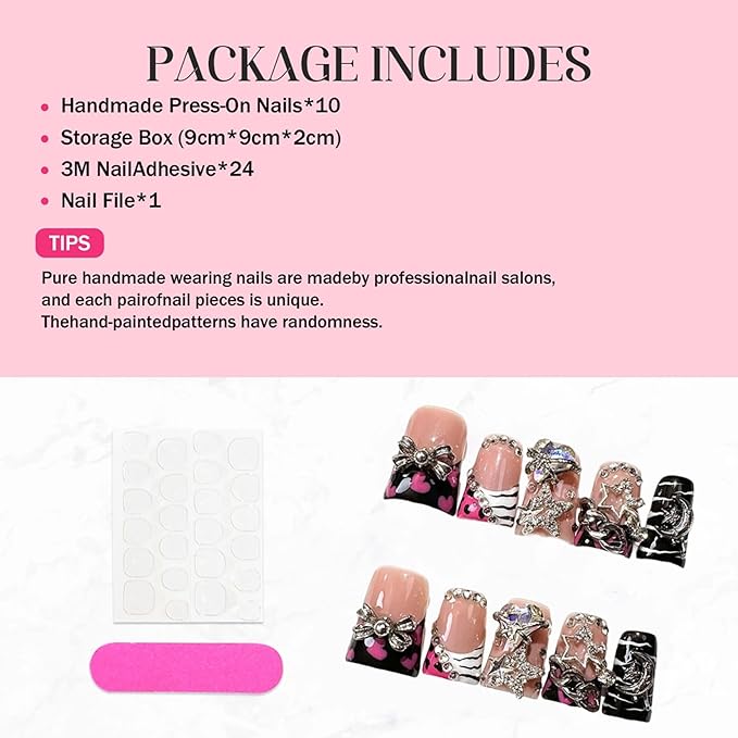 Handmade Short Duck Press on Nails Luxury 3D Unique Reusable ABS Material Fake Nails Black French Tip False Nails with Charms Designs Sparkly Glossy Glue on Nail for Women 10Pcs (Size M)