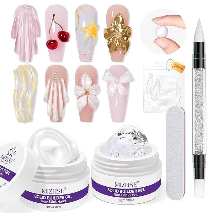 MIZHSE Solid Builder Gel for Nails, Clear and Pearl White 3D Nail Art,Non-Sticky Sculpting Building Hard Gel with Dual Form Silicone Pen for Carving Patterns Decoration Nail Art Manicure Home DIY