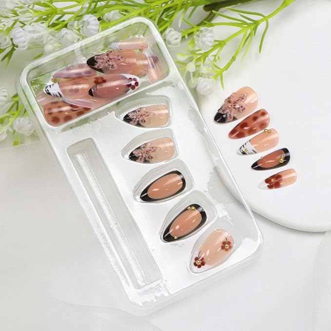 Short Press on Nails Almond Fake Nails with 3D Flower Gold Pearl Designs French Tip Nails Press ons Black Nude White Brown Acrylic Glossy Glue on Nail for Women 24 Pcs