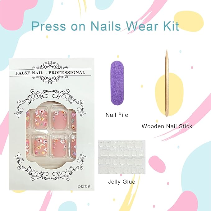 Flower Press on Nails Short Square Fake Nails with Colorful Small Daisy Designs Nude Matte False Nail Full Cover Spring Summer Floral Stick on Nail for Women 24Pcs