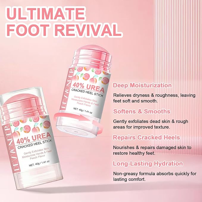 Urea Stick 40 Percent for Feet – Maximum Strength Heel Balm with 2% Salicylic Acid, Cracked Heel Treatment & Callus Remover, Hand & Foot Cream with Coconut Oil & Avocado Oil, Peach Flavor, 1.41 oz