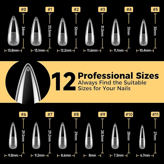 UNA GELLA Long Stiletto Gel Nail Tips, 600Pcs Pre Etched Long Stiletto Almond Nail Tips Clear Fake Nails Press on Nails No C Curve for DIY Art Salon at Home 12 Sizes