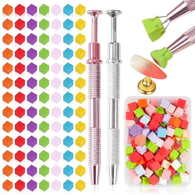 100pcs Colorful Cube Nail Sponges for Ombre, 2pcs Pink and Silver Metal Clip Pens for Grabbing Nail Art Sponge Ombre Nail Brush for Nail Art
