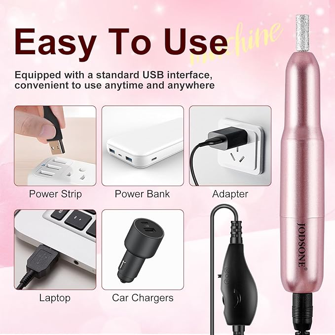 JODSONE Electric USB Nail Drill for Acrylic and Gel 14000RPM Portable Nail File Efile Set with Nail Drill Bits Sanding Bands Pink