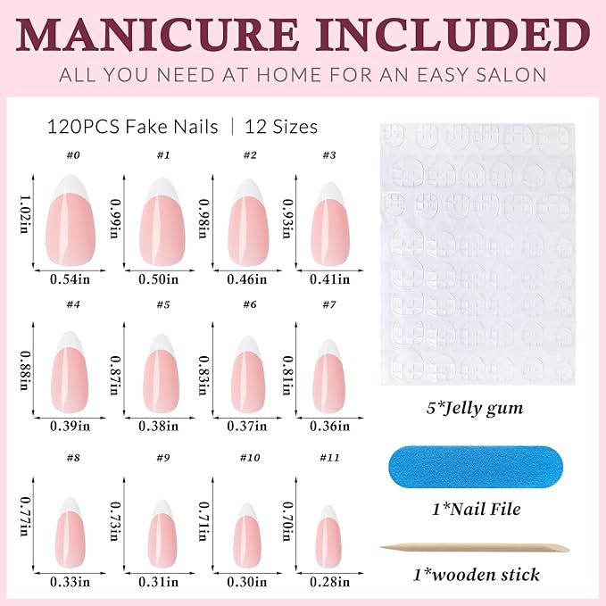 120PC White French Tip Press on Nails Medium Fake Nails Press ons with 5*Adhesive Tabs, Pink Almond Acrylic Nail Press on Nail French Tip Nails False Artificial Fingernails Stick on Nails-J