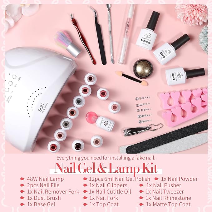 Born Pretty 28Pcs Jelly Gel Nail Polish Kit With U V Light 48W Nail Lamp 12 Colors Jelly Pink Nude Neutral Gel Polish Set with Base/Top Coat Manicure All-In-One Nail Gel Kit Ideal Gifts