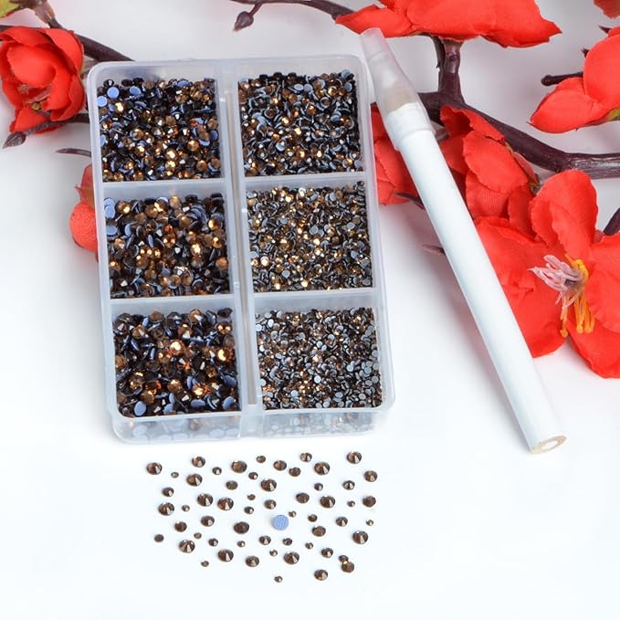 Bymitel Hotfix Crystal Rhinestones Round Gems for Crafts,Mixed 6 Sizes with Wax Pencil Kit, Smoked Topaz1.3-3.2mm(SS3-SS12/8000pcs)