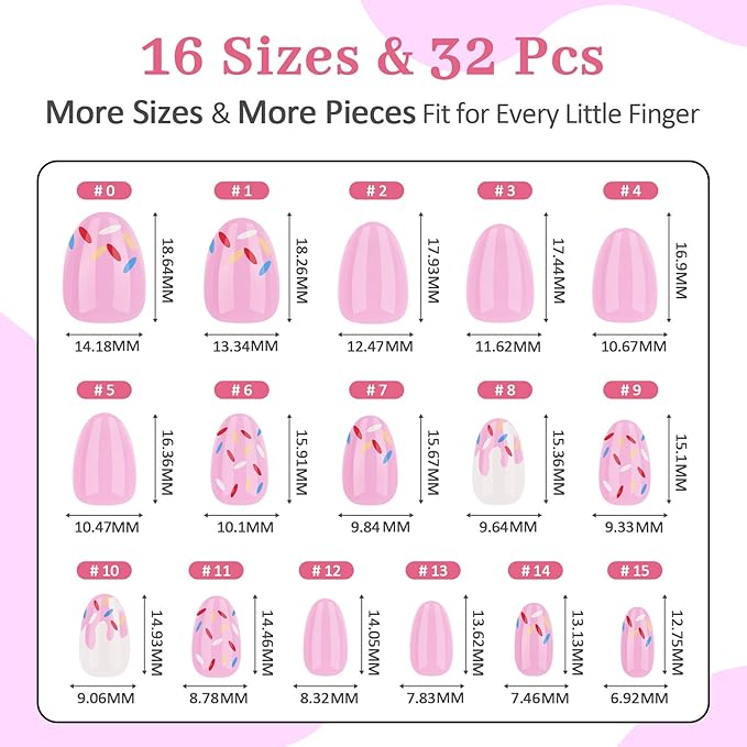 16 Sizes Press on Nails Kit for Kids - 32 Pieces French Almond Fake Nail Tips for Girls 8-12 Years Old with Jelly Nail Adhesives & No-Lamp Nail Glue, Birthday Gifts Easter(Pink Ice Cream)