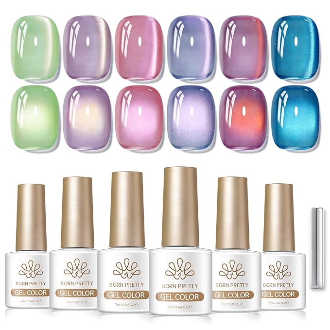 Born Pretty Spring Summer Cat Magnetic Eye Gel Nail Polish Shimmer Glitter Crystal Jelly Pink Green Blue Translucent Magnetic Gel Polish Soak Off Nail Art Gift for Women