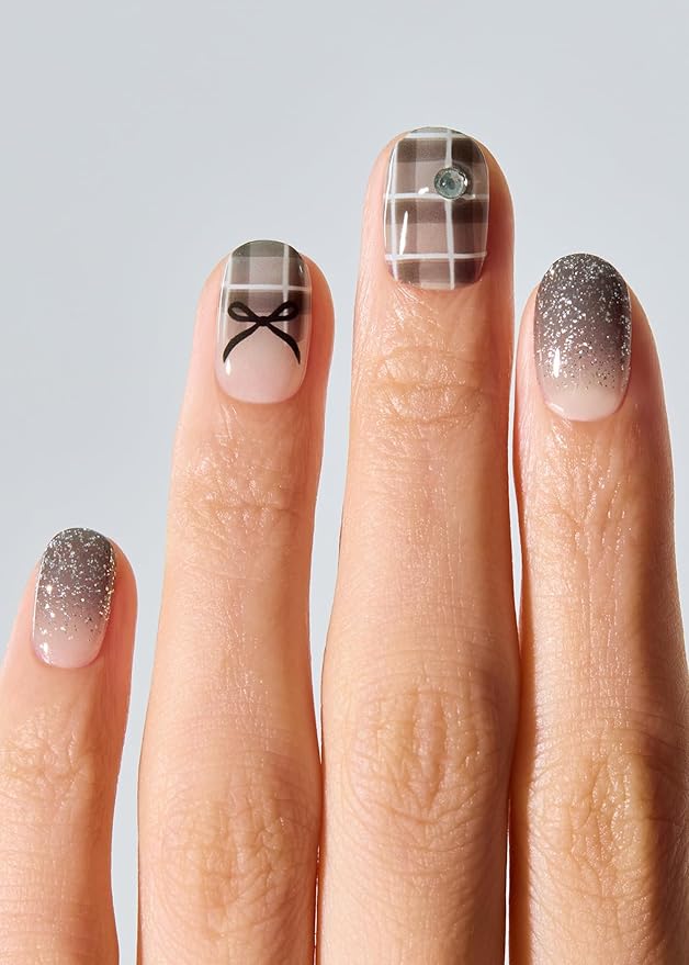 ohora Semi Cured Gel Nail Strips (N Check Noir) - Works with Any Lamps, Salon-Quality, Long Lasting, Easy to Apply & Remove - Includes 2 Prep Pads, Nail File & Wooden Stick
