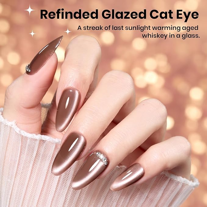 Beetles Brown Cat Eye Gel Nail Polish - Amber Hour Cat Eye Gel Polish, 15ML Glitter Brown Magnetic Fall Gel Polish Jelly Sheer Translucent Effect Soak Off UV French Nail Art Manicure Gift for Women