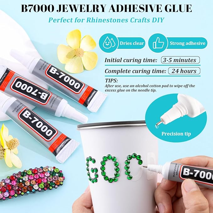 12100Pcs Resin Rhinestones for Crafting with 3Pcs 10ml B7000 Jewelry Glue, 2 Boxes Flatback Crystals Diomand (Emerald Green) for Bedazzling Crafts DIY Nail Art，Non Hotfix Gems for Clothing Shoes