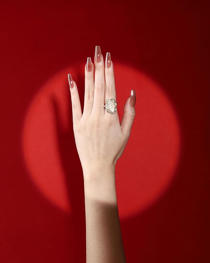 Max’s Chrome & Cat Eye Coffin Press-On Nails | 32-Piece Nail Kit including Both Adhesive Tab & Nail Glue (Shy Red Blush, All Size)