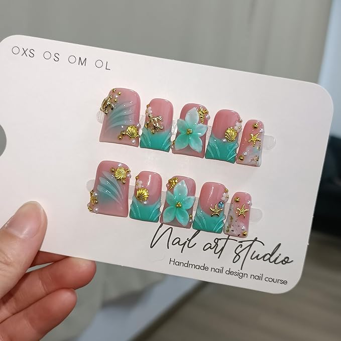 Duckbill Press on Nails - Ocean 3D Floral Teal Blushing Ombre Design | Icy Glossy Duck Fake Nails with Handmade Carving | Mermaid Y2K Style Glue on Nails for Resort Vacation(L)