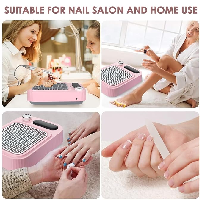 Pink Nail Dust Collector with Reusable Filter for Acrylic Gel Nails, 80W Power Nail Vacuum Cleaner Dust Catcher Adjustable Dust Sucker for Nails Manicure Pedicure at Home Nail Salons