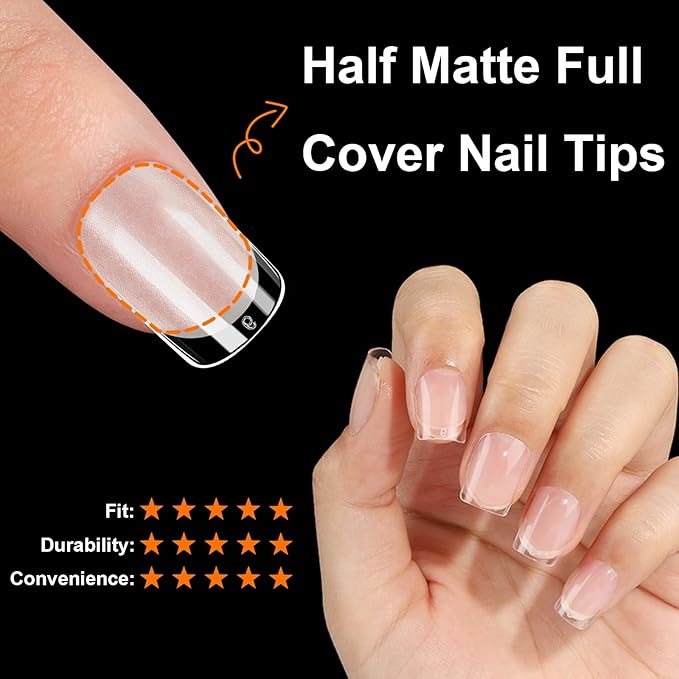 BlueZOO Soft Gel Nail Tips Extra Short Square Nails, 600Pcs Full Cover Half Matte Acrylic Nail Tips Clear Press On Nails for Extension Nail Manicure Home DIY Salon Fake Nails, 12 Sizes