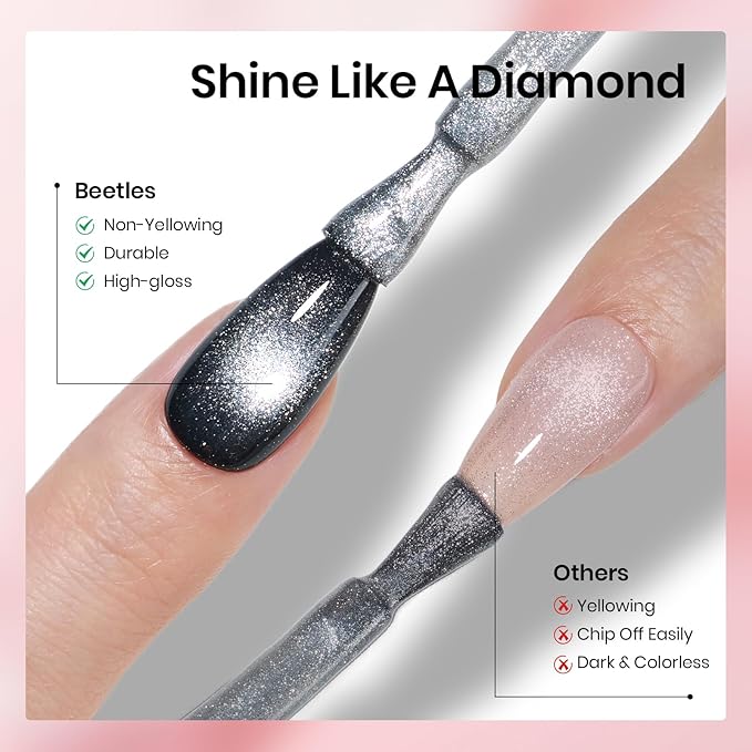 Beetles Gel Top Coat Set, 6Pcs 10ml Sparkle Glitter Cat Eye Top Coat Gel Nail Polish No Wipe Long Lasting Soak Off U V LED Manicure Salon DIY Gifts for Women