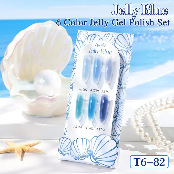 Double Rhythm 6 Pcs 15 ML Gel Polish Set Same Color Same Bottle Soak Off Gel Polish Kit Nail Art Manicure Salon DIY at Home for Women (Jelly Milky Light Dark Blue Navy-T6-82)