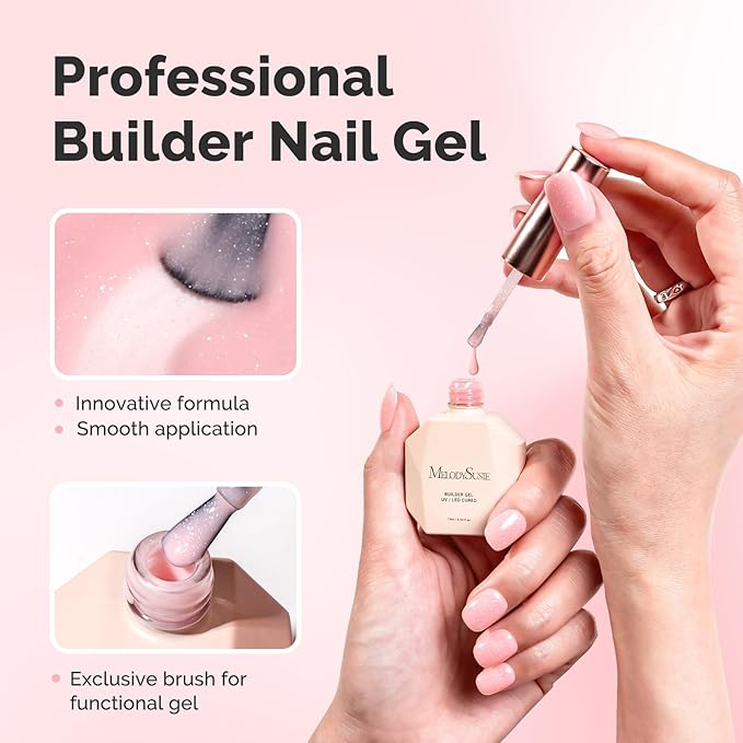 MelodySusie Pink Shimmer Builder Nail Base Gel for Nails Thickening, Soak Off UV Extension Gel, Rhinestone Nail Glue for Nail Art Design Salon DIY Manicure at Home Gift for Women-458