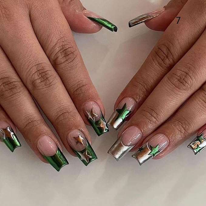 Press on Nails Long Square Sliver French Tip Fake Nails Glitter Full Cover False Nails with Green Stars Designs Glossy False Nails with Nail Glue Artificial Acrylic Nails for Women Girls 24 Pcs