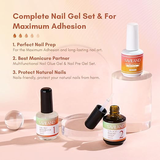 SAVILAND Nail Dehydrator and Primer: Nails Prep Kit Super Strong Nail Glue Non-Acid for Nail Studs No Lift Primer and Dehydrator for Gels Polish Press Ons DIY At Home Salon Gift for Home