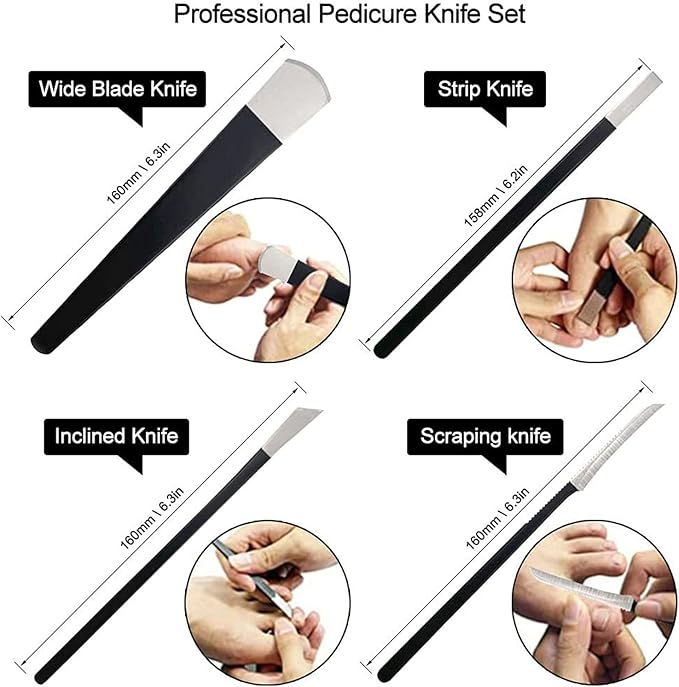 4Pcs Pedicure Knife Set, Ingrown Toenail Knife, Steel Ingrown Toenail Removal Kit, Professional Callus Shaver, Foot Scraper for Dead Skin Corn Remover Tool with Storage Bag