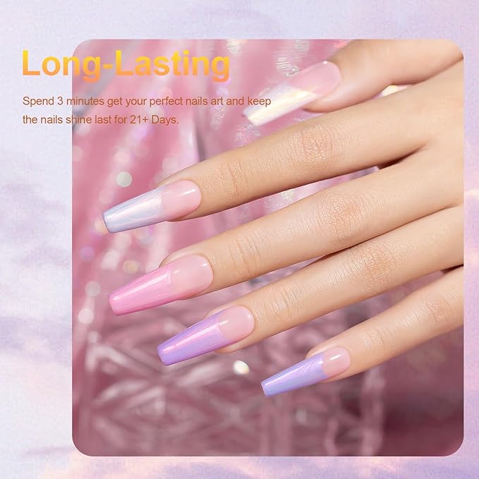 RARJSM Pearl Gel Nail Polish Set Iridescent Shell Glitter Gel Polish 6 Sunset Colors Light Purple Blue Pink Red Gold Shimmer Mermaid Swirl Thread Effect Soak Off Curing Requires Home Salon