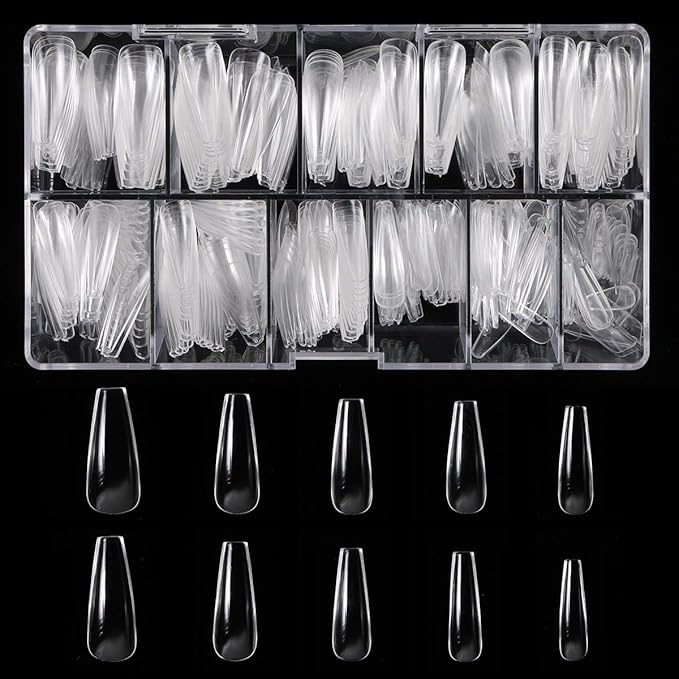 Ballerina False Nail Set - 500pcs Coffin Nails (Clear Full Cover) with Box, Glue, Fork, File & Acrylic Extension Kit