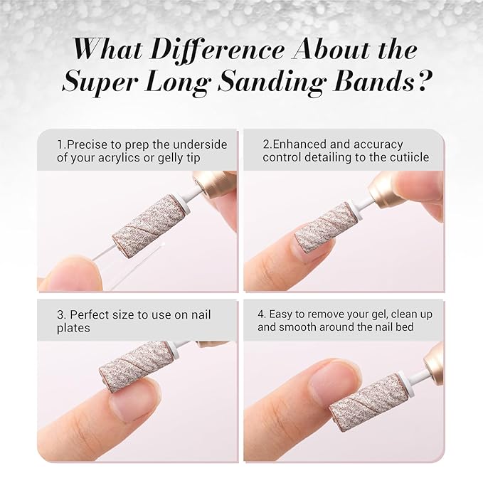 MelodySusie 50 Pcs Nail Drill Bits Super Long Sanding Bands with 6.65mm Crystal Mandrel Bit, 180 Fine Grit Nail File for Acrylic Nails Gel Manicures and Pedicure, Zebra