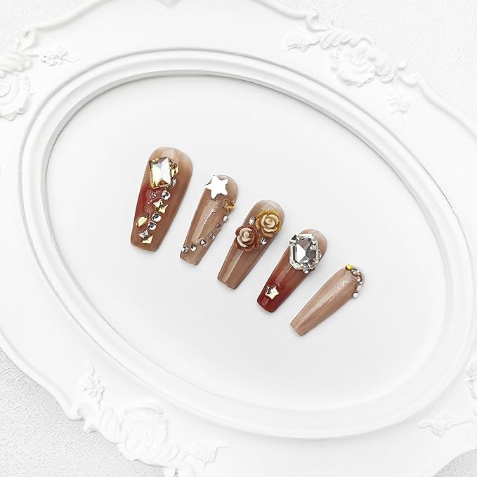 2025 Handmade Manicure Reusable PMMA Acrylic Medium Press-on Nails Brown Fake Nails with Swan Rose Rhinestone Embellishments Gifts for Women (Chocolate, Medium)