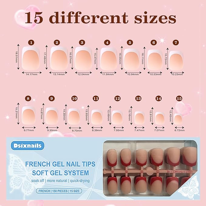 Red French Tip Press on Nails, 150pcs Soft Short Square French Gel Nail Tips in 15Sizes, Pre-lasting Soak Off Acrylic Fake Nails, No Need to File False Nail Tips Extension for Women Nails