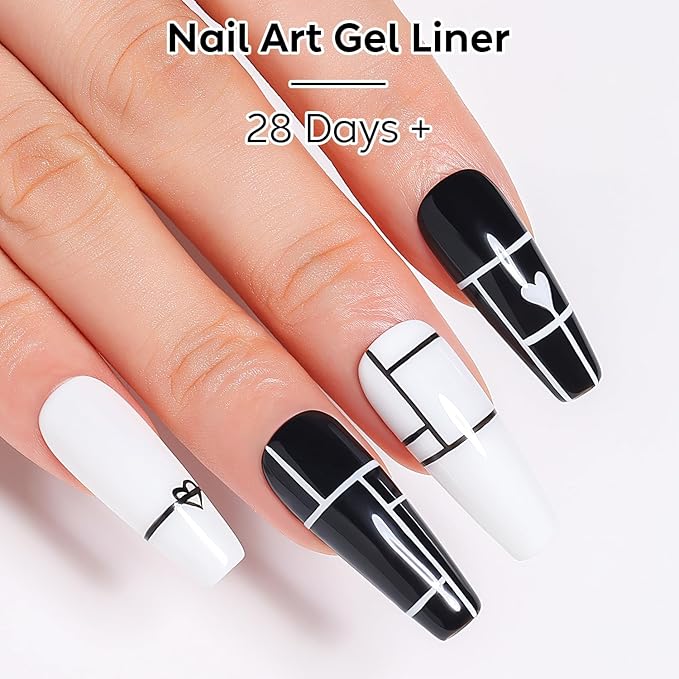 AIMEILI Gel Polish Nail Art Liner, Hema Free, Cruelty Free, Vegan, Black White Nail Paint Build in Thin Brush for Swirl French Tips Manicure DIY
