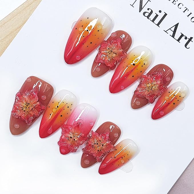 Gradient Medium Almond Press on Nails with 3D Pink Flower Embossed Fake Nails Muti-Layer Gel Handmade Press on Nails Thick Fake Nails Glossy Acrylic Nails for Women Nail Art Manicure (Size S)