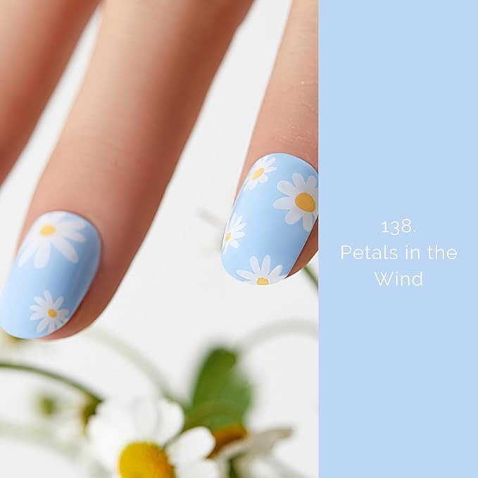 Semi Cured Gel Nail Strips - NAILOG 20 Pcs Blue Flowers Nail Stickers Extra Long Wraps with Glossy Gel Finishing for Spring Summer, Petals in The Wind