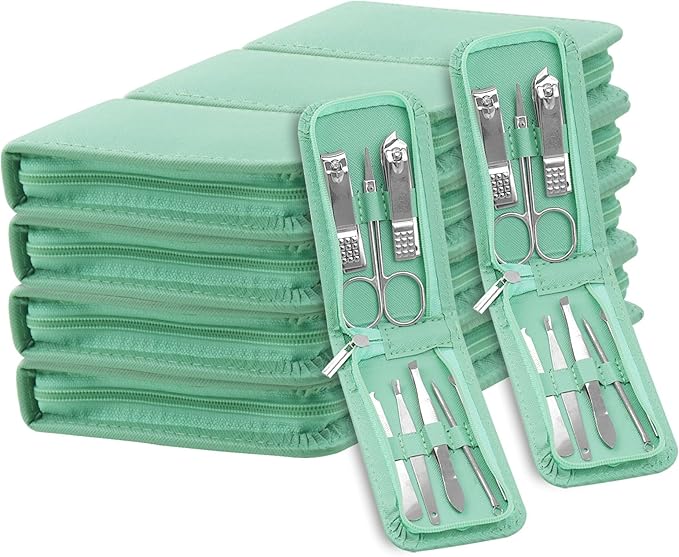 Manicure Set Bulk, Nail Clippers Kit Stainless Steel Fingernail Clippers Set, Sturdy Nail Tip Cutter Trimmers Professional Grooming Toenail Clippers Personal Pedicure Kits 8 in 1 (Green 12 Pack)