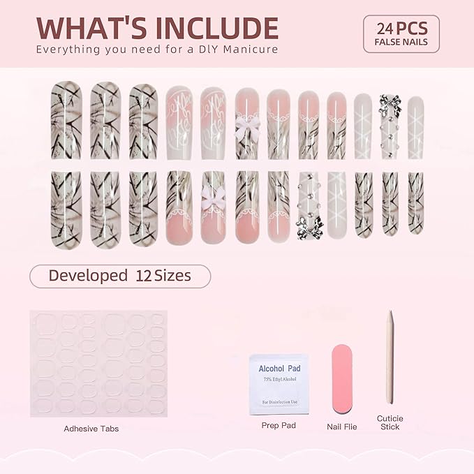 Square Press on Nails Extra Long Fake Nails French Tip Ombre Acrylic False Nails with Charms Bow Designs Long Glue on Nail Marble Artificial Nails Glossy Stick on Nail for Women