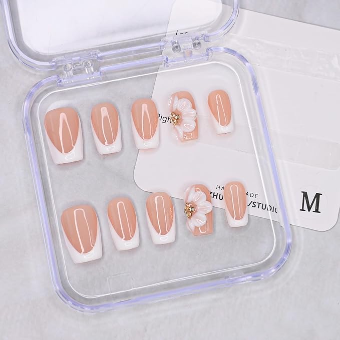 White Flower Press on Nails Thick and Muti-Layer Gel Short Coffin Fake Nails French Tip False Nails with 3D Rhinestone Designs Full Cover Artificial Stick on Nails for Women DIY (Size M)