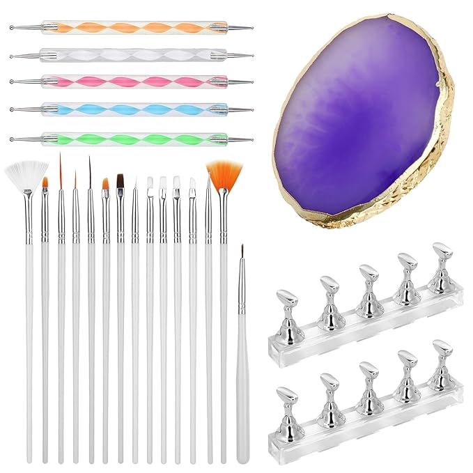 Nail Art Tools Set, 15Pcs Nail Art Brushes White Gel Brush Purple Color Palette Polish Mixing Plate Acrylic Stands for Painting 5Pcs Double-Ended Dotting Pen Design Tools Kit for DIY Manicure