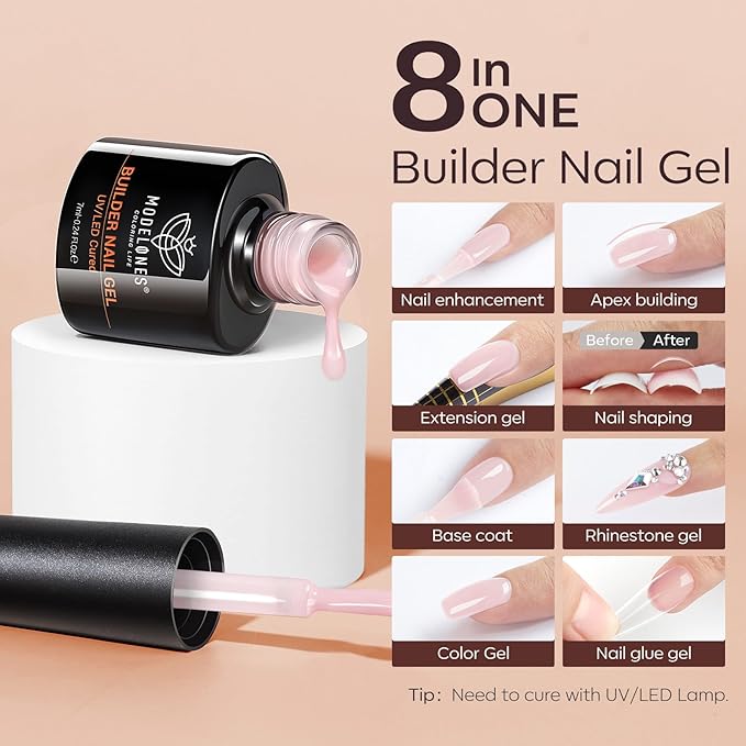 modelones Builder Nail Gel Polish Set, Base Colors Jelly Nude Pink Hard Strengthener Rubber Gel Polish 8-in-One Extension LED Nail Lamp Cured 6 Colors
