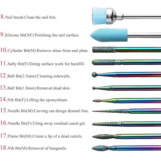 20pcs Nail Drill Bits Sets, 3/32 Inch Ceramic Diamond Cuticle Electric Nail Cutter Acrylic Gel Nail Bit Kit, Cuticle Remover Crystal Nail Extension Bits for Nails Home Salon