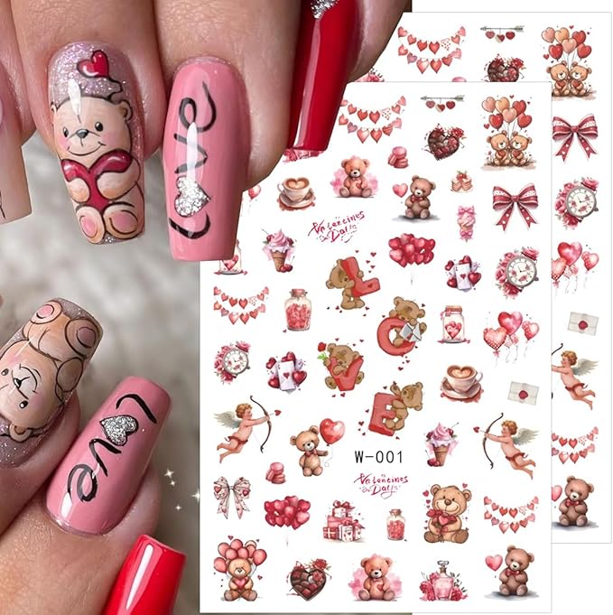 6 Sheets Valentines Day Nail Art Stickers 3D Self-Adhesive Heart Nail Stickers Romantic Cupid Angel Dwarfs Bear Lovers Designs Red Pink Nails Art Supplies Valentines Nail Decals for Women DIY