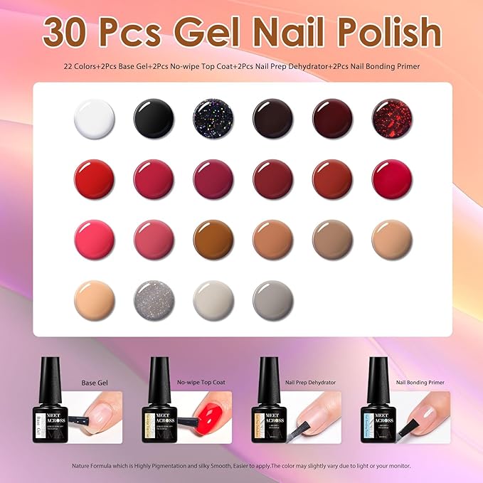 MEET ACROSS 30Pcs Nude Gel Polish 22 Colors Gel Nail Polish Set Black Red Skin Tones Series Neutral Brown Fall Winter Gel Nail Kit DIY Nail Art Salon Home Gift