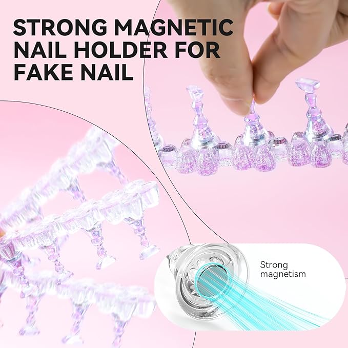 Nail Stand for Press On Fake Nails Painting Display Practice, Powerful Magnetic Nail Holder for Design, Flower Nail Stand with 200 PCS Double-Sided Tapes, Nail Tools for Home Salon (Purple)