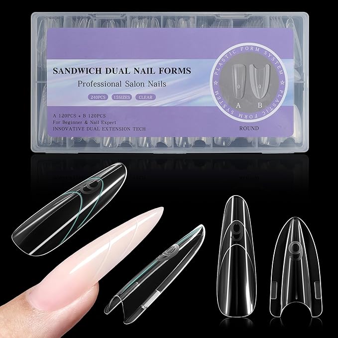 VOCOSTE 240pcs Sandwich Dual Nail Forms, Almond Round Nail Art Tools for Quick Nail Extension, 15 Sizes Plastic Reusable Form, Long Nails DIY Salon & Bride Party Manicure Kits