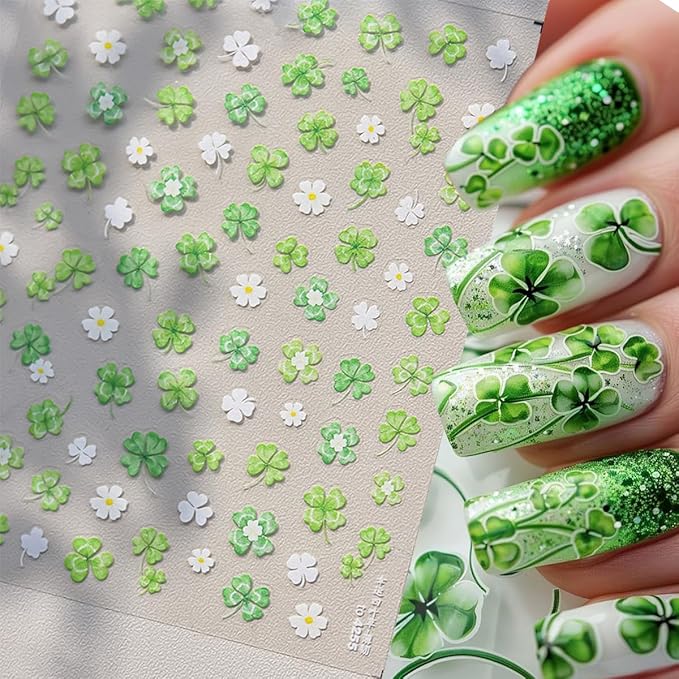 1Sheet St. Patrick's Day Nail Stickers 5D Self-Adhesive Holographic Shamrock Nail Art Stickers Spring Nail Art Decoration Four Leaf Clover Nail Decals Lucky Irish Nail Design Supplies for Women