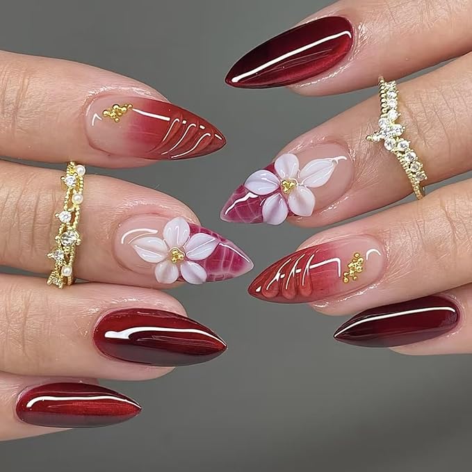 Red Press on Nails Medium Almond, Fake Nails with 5D Flower Design, Glossy Ombre Glue on Nail, Water Ripple French Tips Nails, Press ons Reusable, Gold Beads Acrylic Nail for Women Manicure