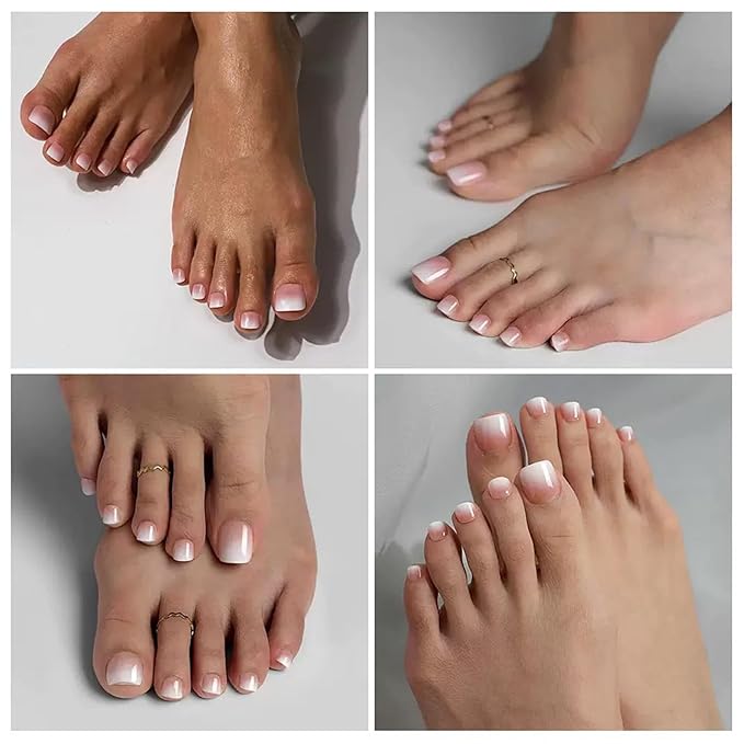 216 Pcs Ombre Press on Toenails Short Square Fake Toenail with Glue Tabs,French Toe Nails Press ons,9 Color Gradient Natural Acrylic False Toenails Tip Artificial Toe Nails for Women Manicure