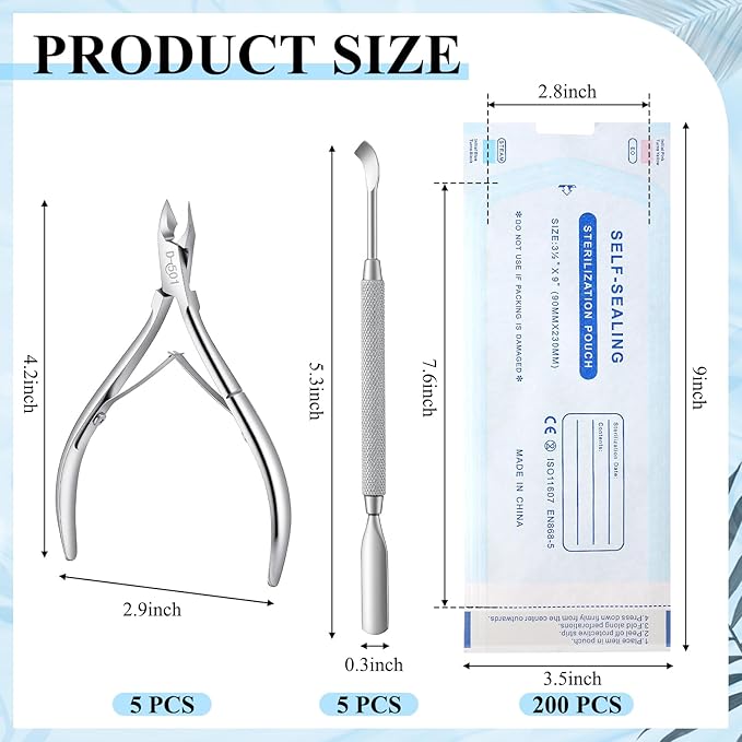 Lothee 10 Pack Cuticle Trimmer with Pusher 200 Count Self Sealing Sterilization Pouches, Professional Stainless Steel Cuticle Nipper Remover Cutter Manicure Pedicure Tools Kit for Home Salon Nail Care